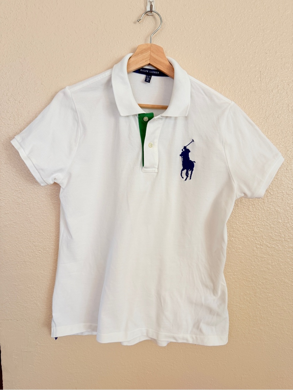 Ralph Lauren Women’s White Polo with Blue Inner Collar and Green Placket